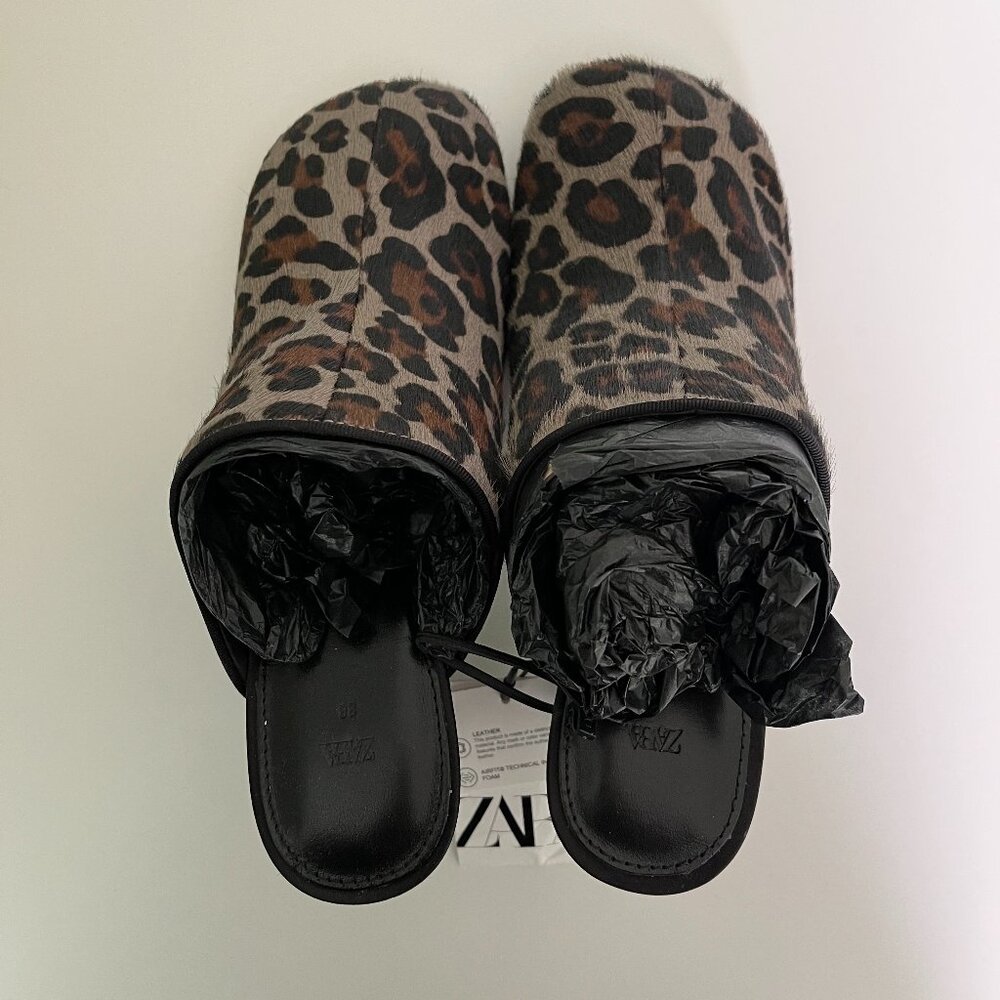 Zara 100% Leather Mules Animal Leopard Print Square Toe 2.8in Heel Sz 7.5 Summer - Picture 7 of 11